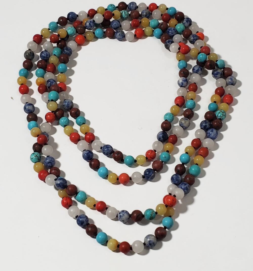 Semiprecious 7mm Gemstone Bead Hand Knotted Flapper Length Necklace 78"
